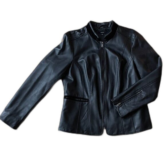 Alfani Black Faux Leather Jacket Women’s L Zip Front Velvet Trim Moto Style - Picture 5 of 13